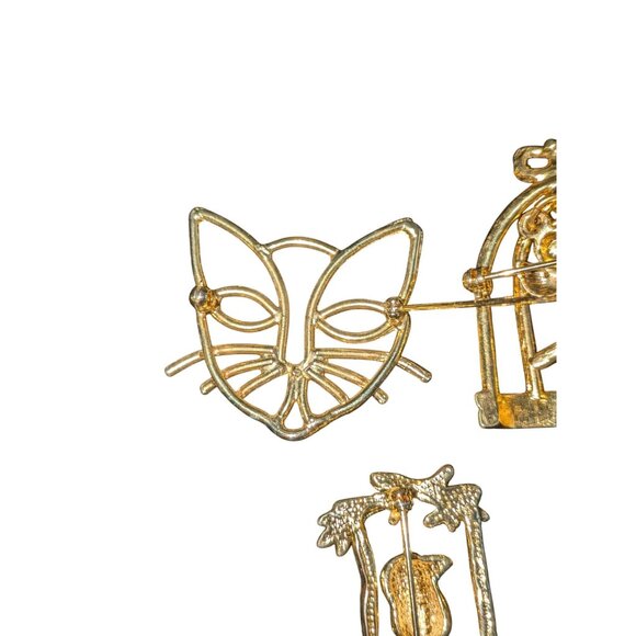 Gold-Tone Cat & Birdcage Pins Set Of 3 - Picture 3 of 7